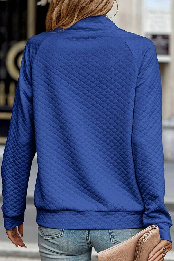 Sudadera casual con botones y cuello alto a cuadros de color liso
