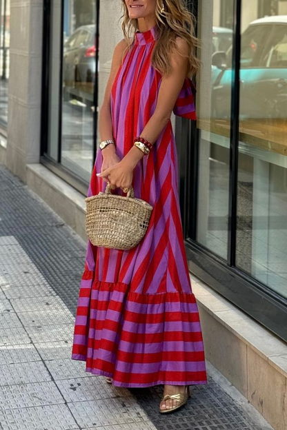 Vestido largo informal de rayas rojas, suelto, sin espalda