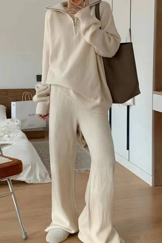 Traje informal de dos piezas con suéter de solapa y pantalones anchos