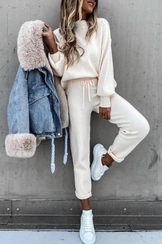 Trajes casuales de pantalones de tubo de cuello alto de color sólido