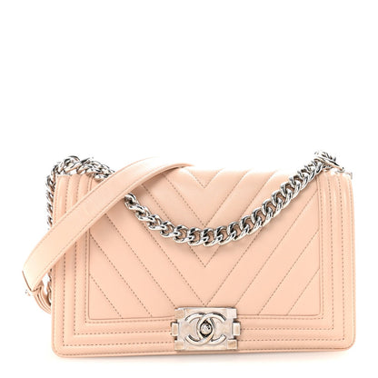 Calfskin Chevron Quilted Medium Boy Flap Light Pink