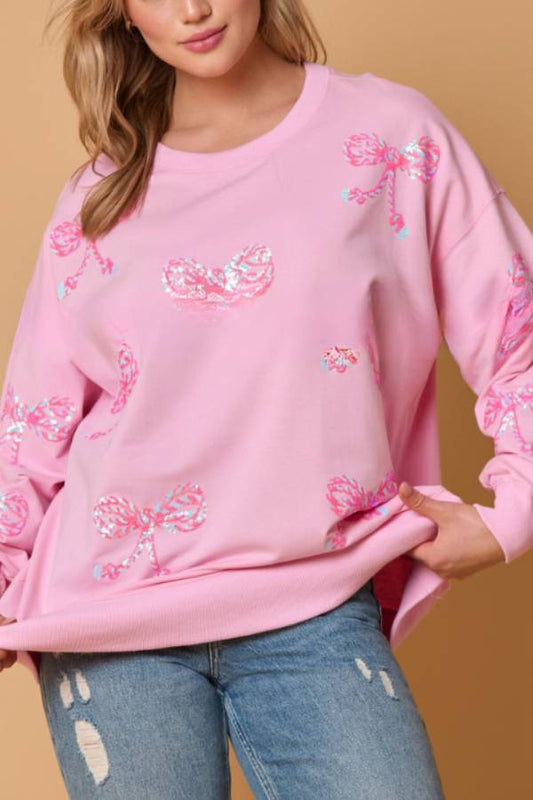 Sudadera informal holgada de manga larga con lazo y lentejuelas 