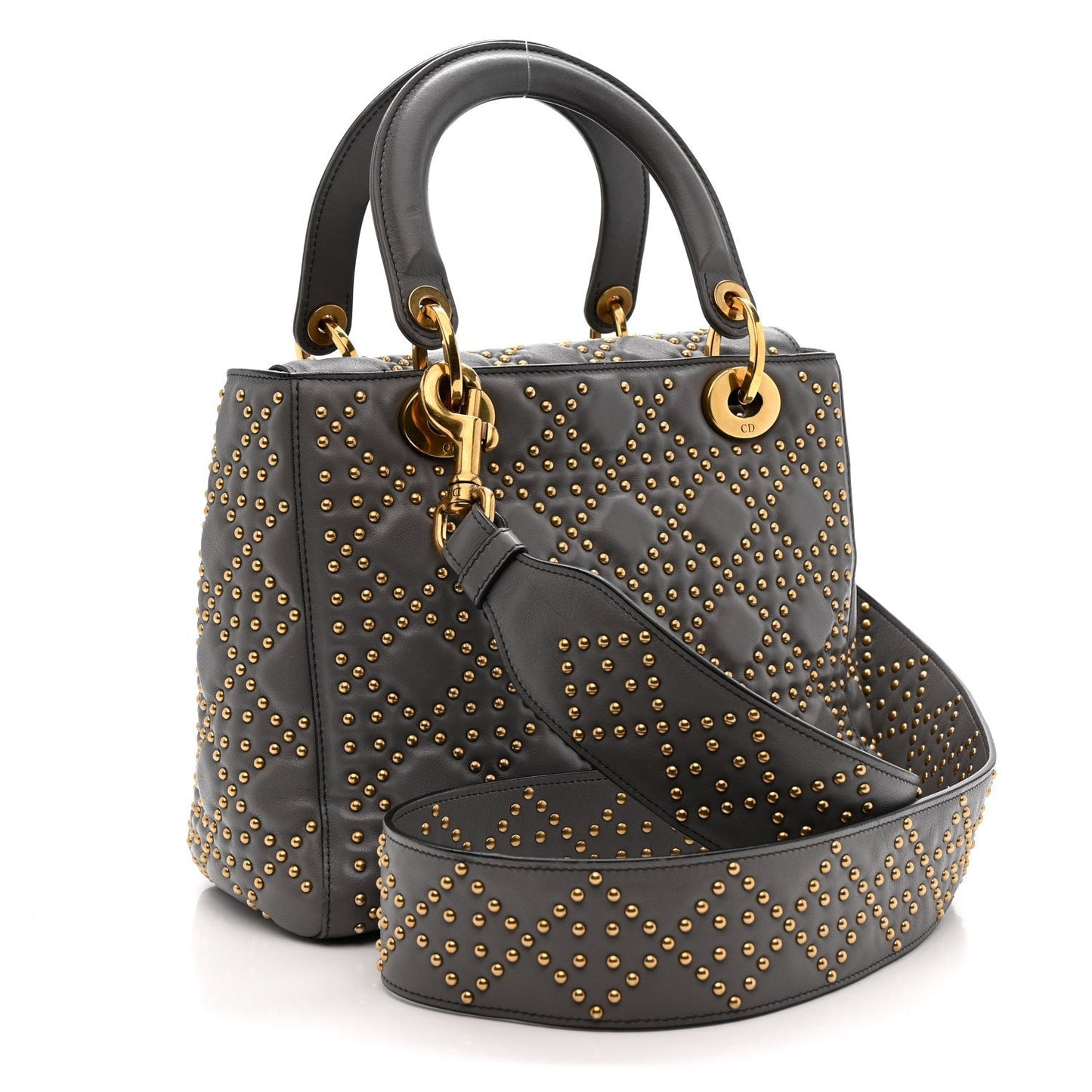 Calfskin Cannage Studded Medium Supple Lady Dior Grey