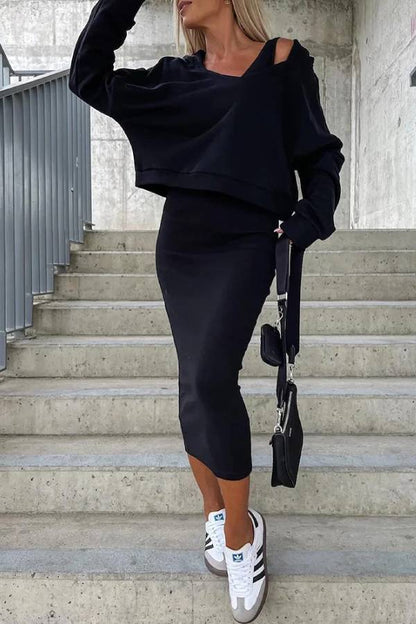 Conjunto de sudadera con cuello en V y vestido de verano