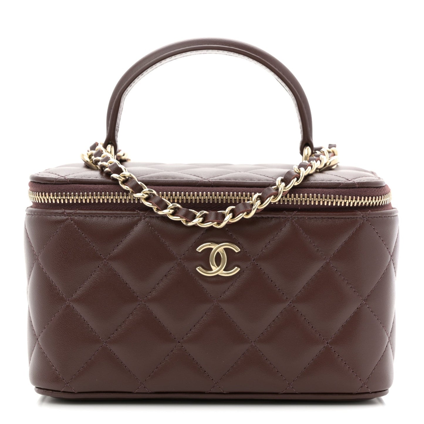 Lambskin Quilted Small Top Handle Vanity Case With Chain Dark Brown