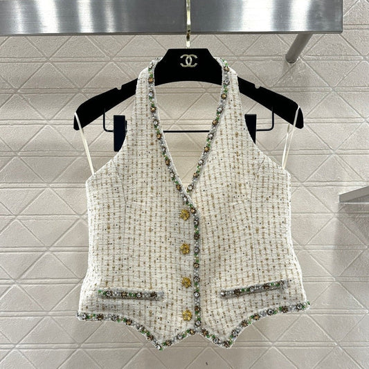 CC 26 Rhinestone-trimmed Halter Neck Vest Cream Cotton Wool 331227