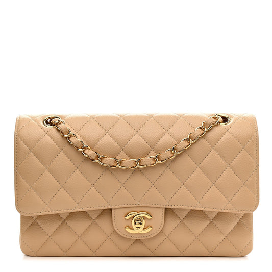 Caviar Quilted Medium Double Flap Beige