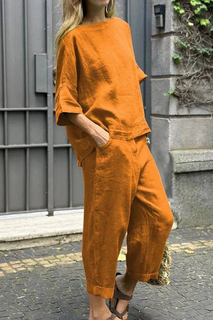 Conjunto informal de dos piezas de algodón y lino con cuello redondo y pantalones de color liso 