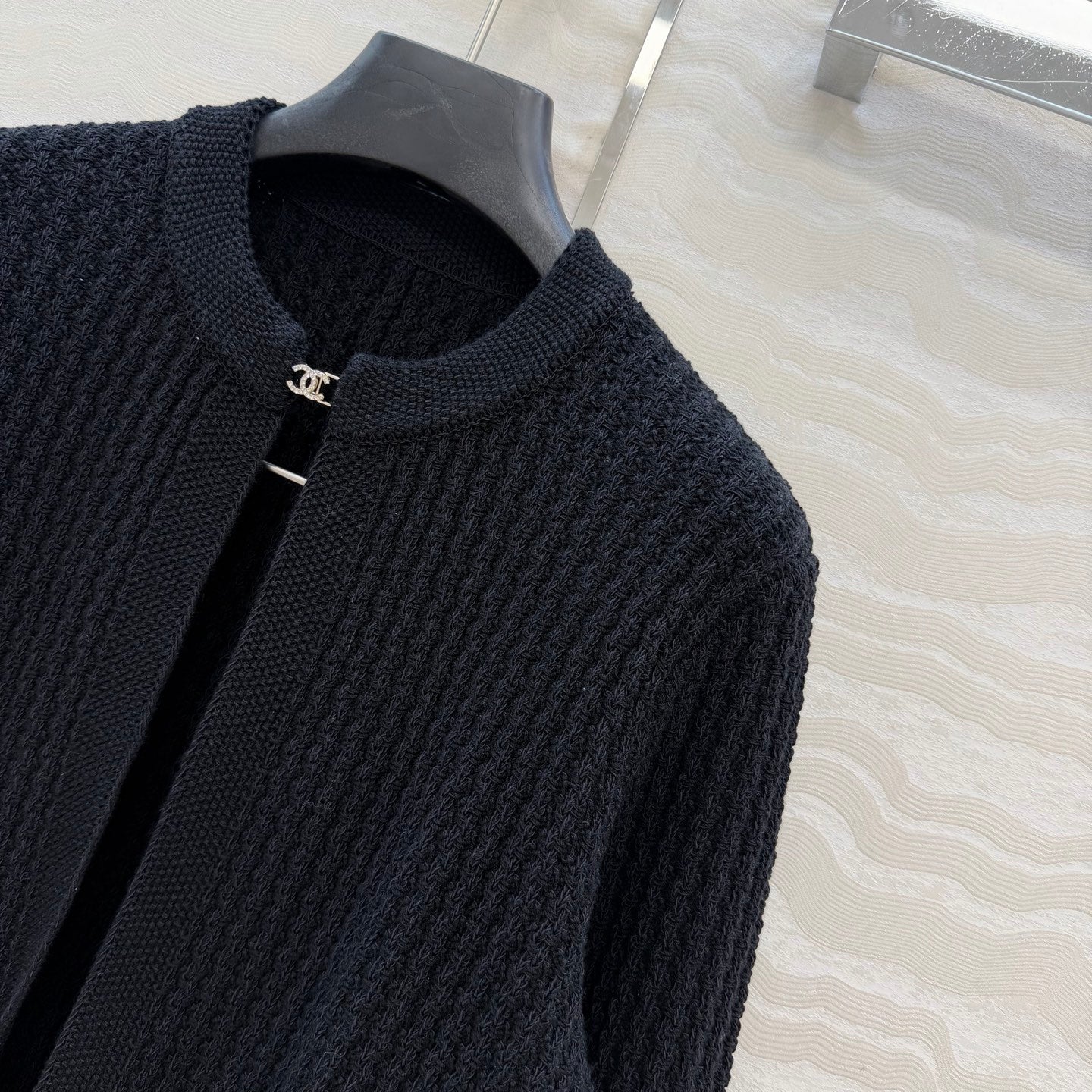 Chanel 26c Rhinestone Buckle Belt Cardigan Black Wool 333722
