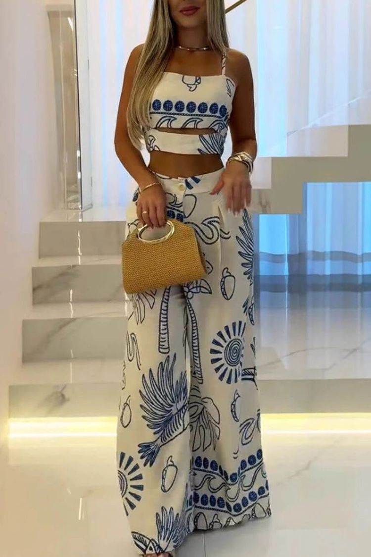 Conjunto elegante y único de top con tirantes y pantalones anchos con estampado étnico