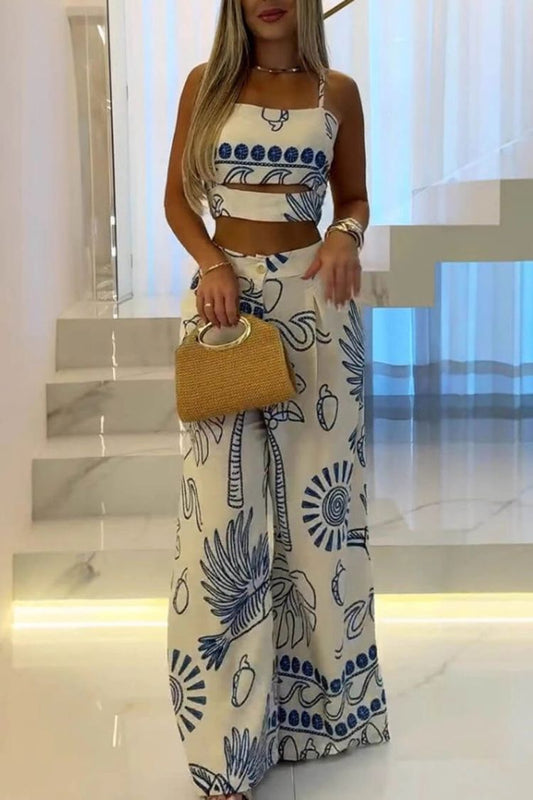 Conjunto elegante y único de top con tirantes y pantalones anchos con estampado étnico