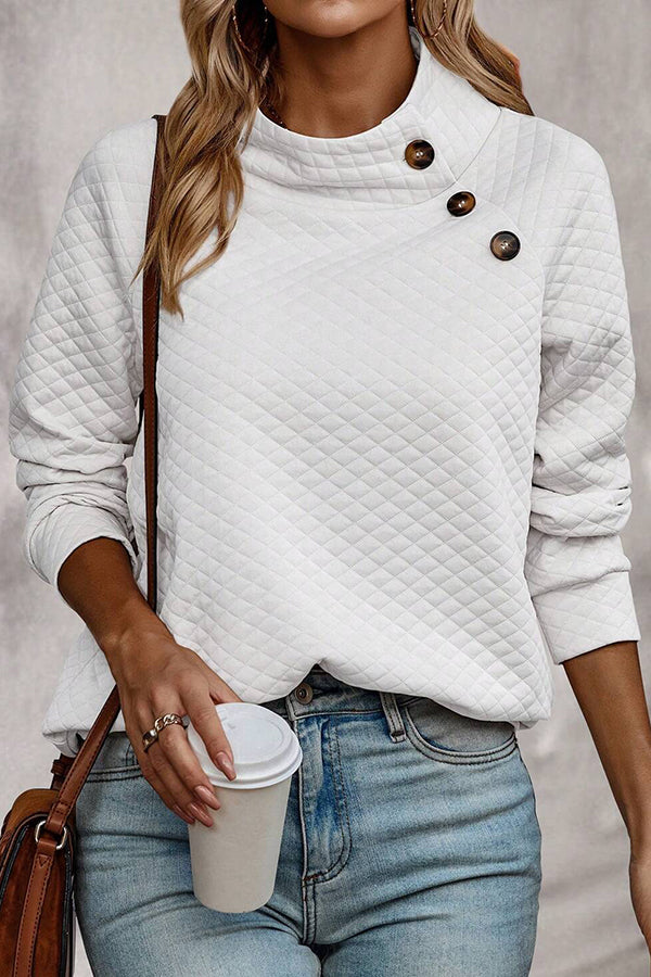 Sudadera casual con botones y cuello alto a cuadros de color liso