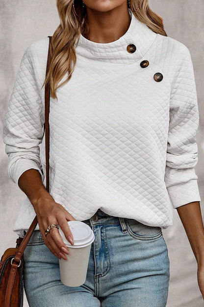 Sudadera casual con botones y cuello alto a cuadros de color liso