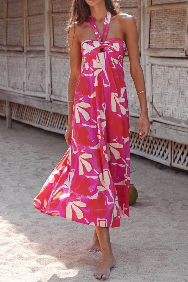 Vestido midi con cuello halter, estampado de loto y bayas 