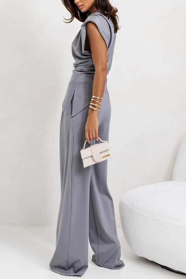 Conjunto de top fruncido con abertura en los hombros y pantalones anchos con bolsillos y cintura elástica de Jordy 