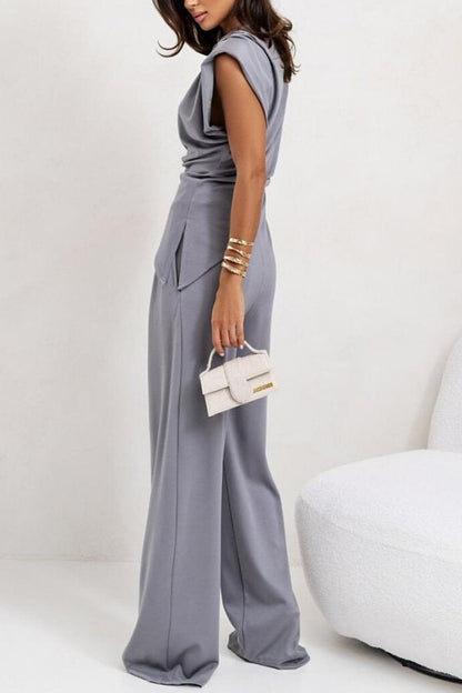 Conjunto de top fruncido con abertura en los hombros y pantalones anchos con bolsillos y cintura elástica de Jordy 