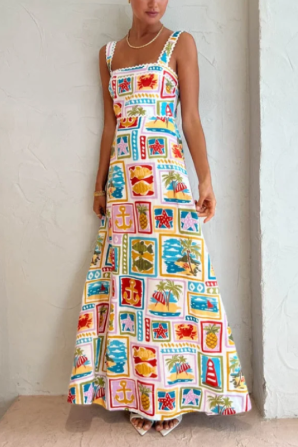 Vestido largo con tirantes y borde ondulado con impresión artística de pintura al óleo vintage