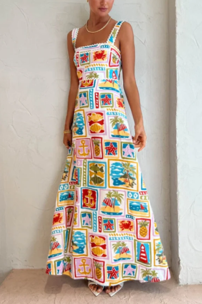 Vestido largo con tirantes y borde ondulado con impresión artística de pintura al óleo vintage
