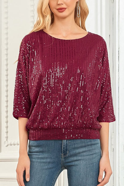 Top casual holgado de cuello redondo con lentejuelas de color liso