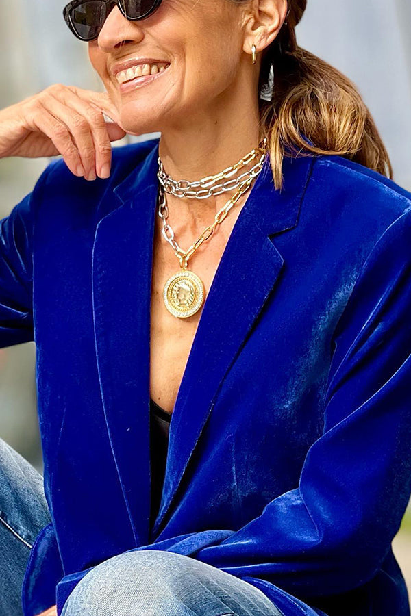 Blazer de solapa de terciopelo azul dorado