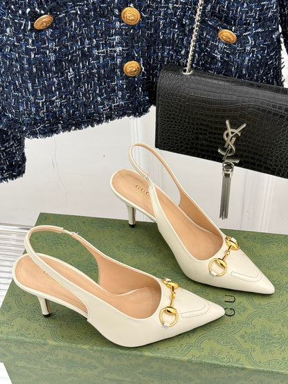GG Horsebit Slingback 85MM Cream Leather Point Toe