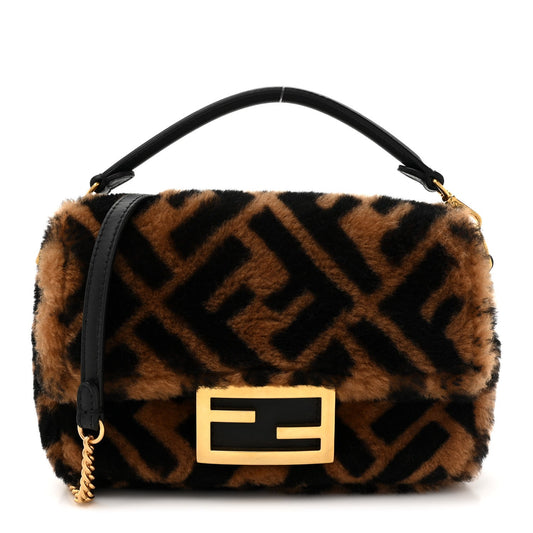 Shearling Vitello Dolce Macro FF 1974 Mini Baguette Tobacco Black