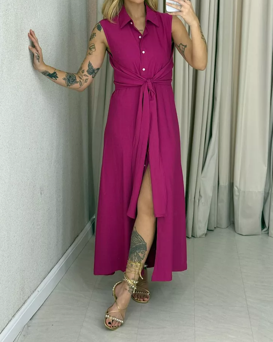 V-Neck Sleeveless Solid Color Waist Dres