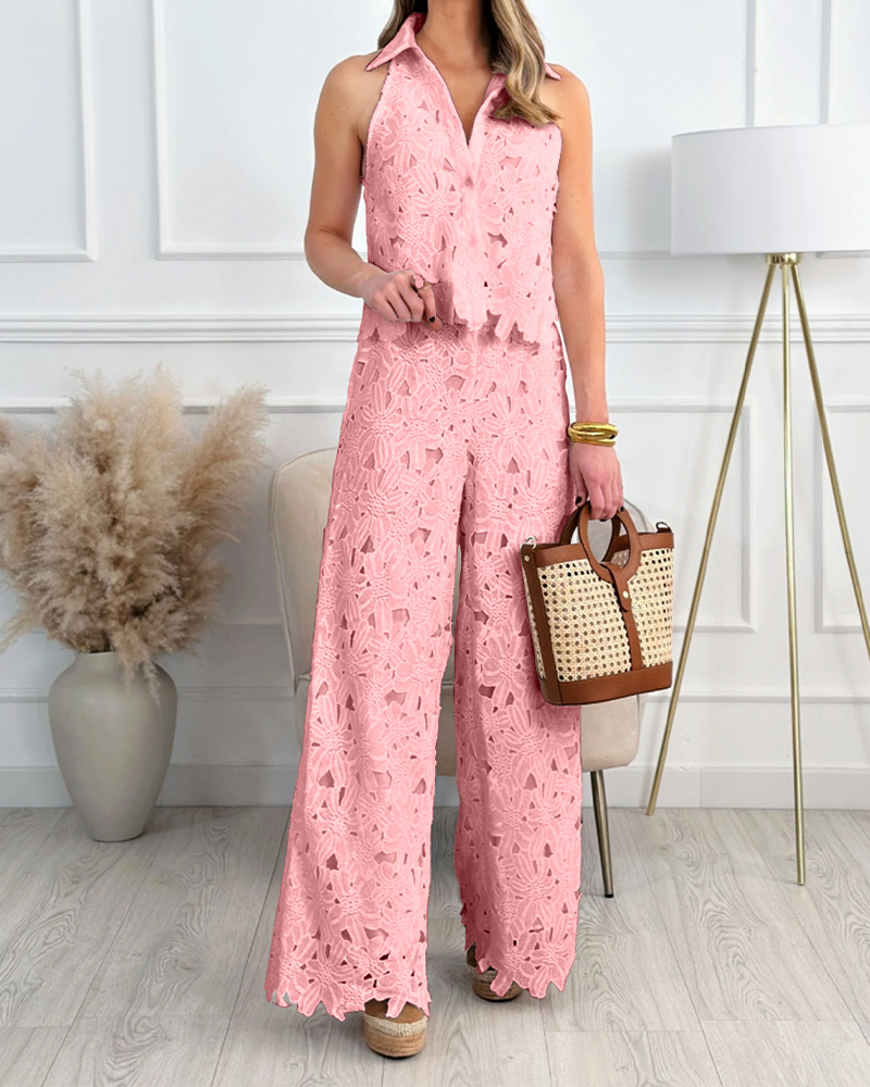 Hollow V-Neck Straight Pants Suit