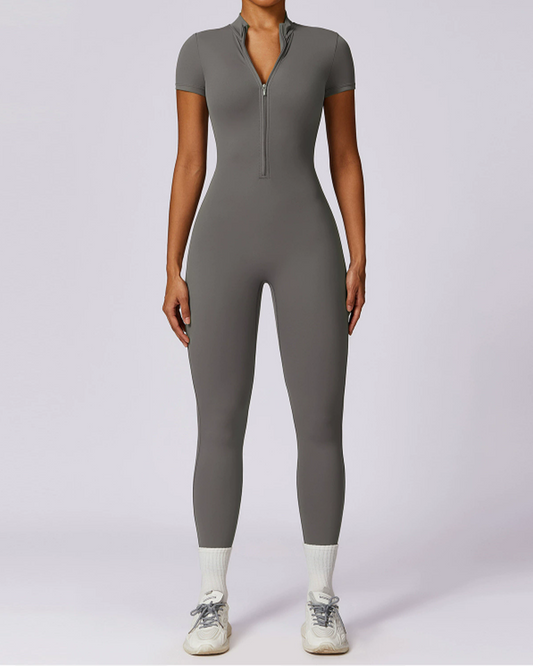 Zippered Short-Sleeved Slim-Fit Jumpsuit