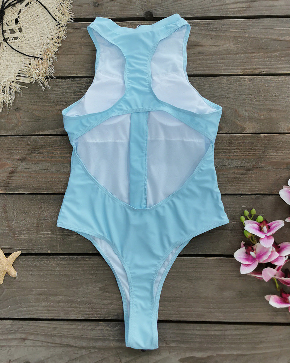 Solid Color Zipper Sleeveless Surfing One-Piece Swimsuit
