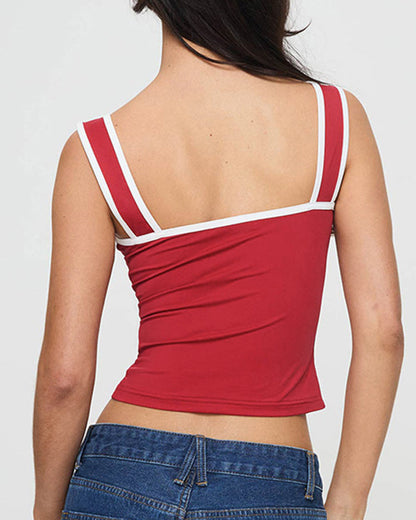 Contrast Color Sleeveless Square Neck Pleated Camisole