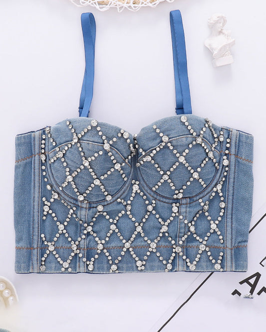 Denim Beaded Suspender Tube Top