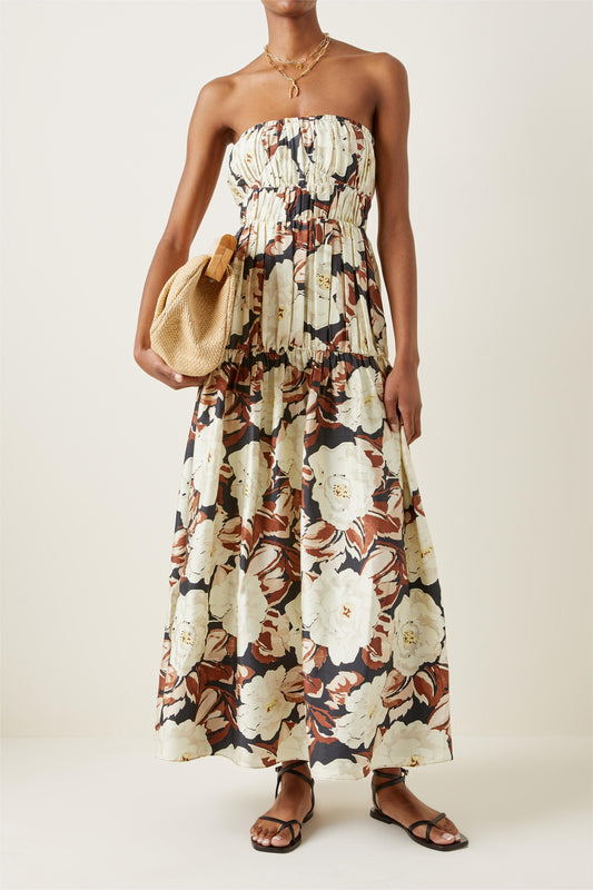 Vestido midi sin mangas con volantes florales 