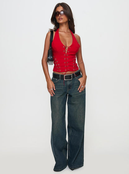Come See Me Tie Up Halter Top Red