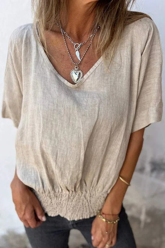 Blusa informal holgada con pliegues y cuello en V de mezcla de lino en color liso