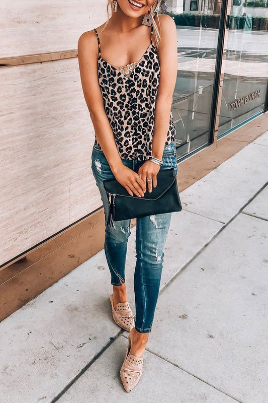 V Neck Leopard Printed Brown Tank Top