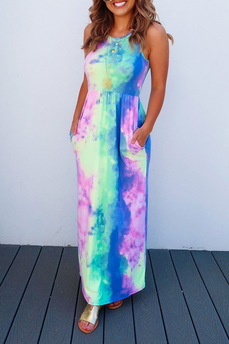 Vestido largo multicolor con estampado tie-dye