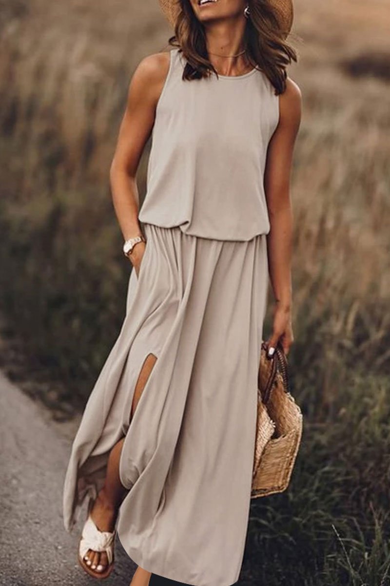 Vestido largo bohemio sin mangas con abertura lateral