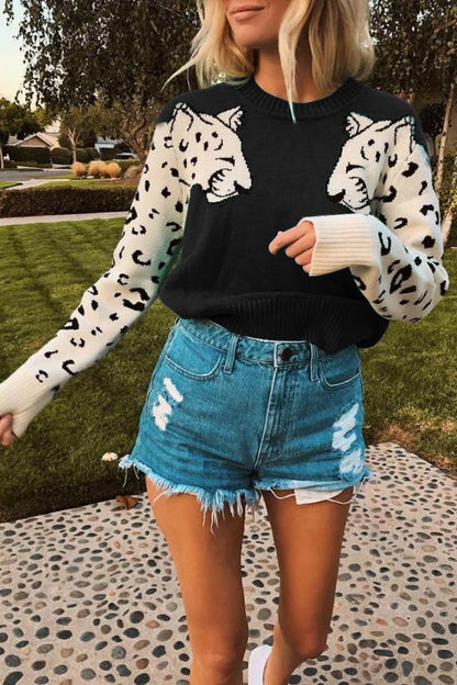 Suéteres de manga larga con cuello redondo y estampado animal (3 colores)