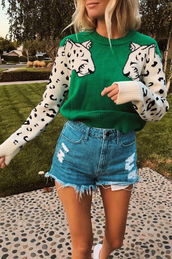 Suéteres de manga larga con cuello redondo y estampado animal (3 colores)
