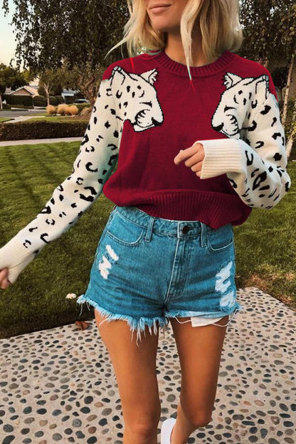 Suéteres de manga larga con cuello redondo y estampado animal (3 colores)