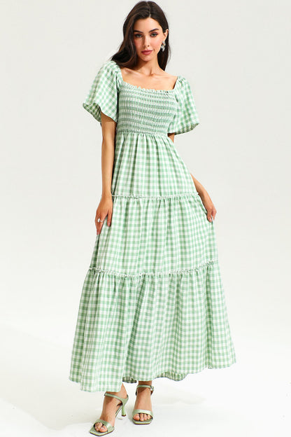 Vestido midi de rejilla con cuello cuadrado y mangas abullonadas en verde 