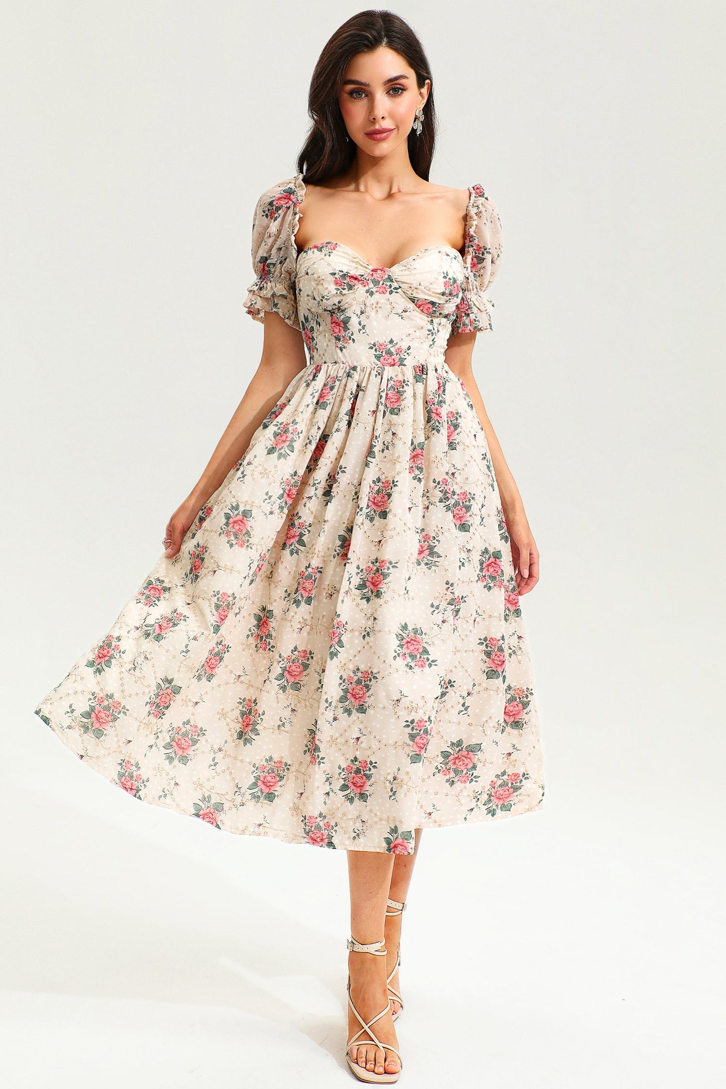 Vestido midi con abertura y encaje, espalda descubierta, mangas abullonadas y estampado floral, color rosa 