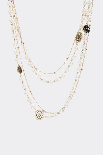 Collar largo floral de metal con perla sintética 