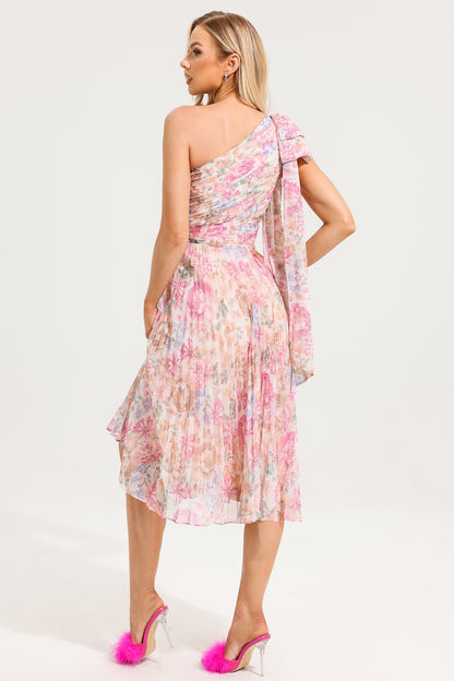 Vestido midi floral de un solo hombro 