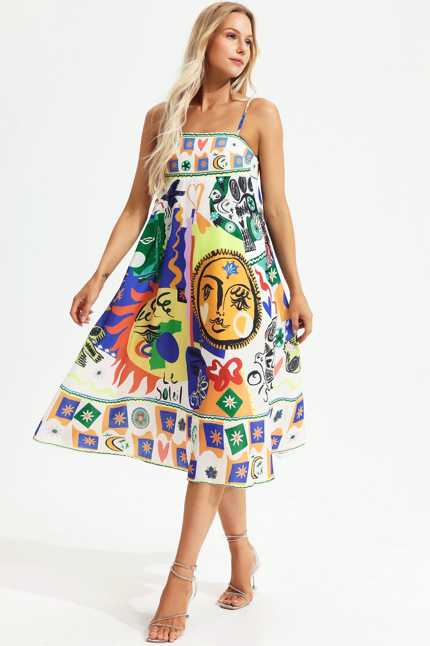 Vestido de sol midi sin mangas con estampado abstracto 