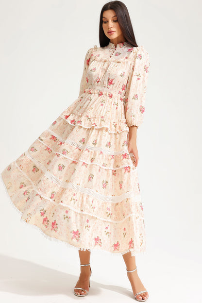 Vestido midi amarillo con hebilla y mangas farol con estampado floral 