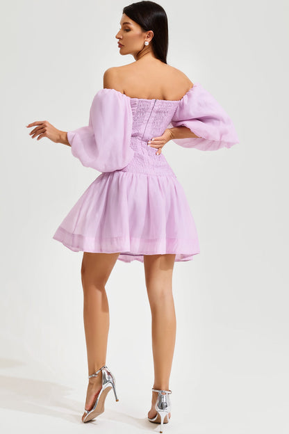 Vestido mini con bustier, espalda descubierta y fruncido con mangas abullonadas 