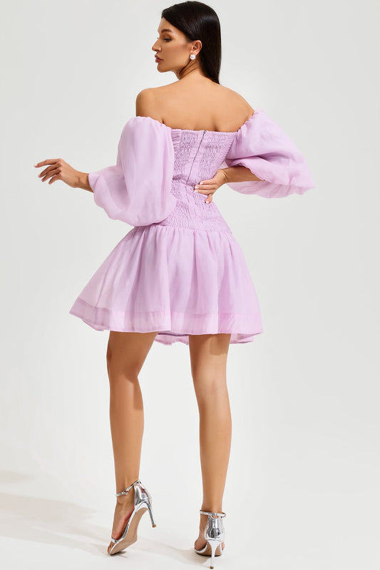Vestido mini con bustier, espalda descubierta y fruncido con mangas abullonadas 