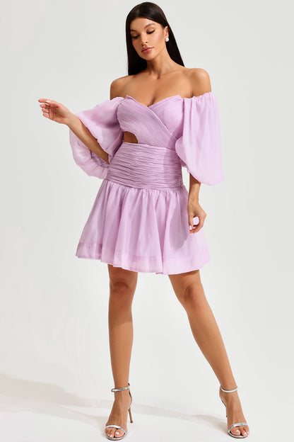 Vestido mini con bustier, espalda descubierta y fruncido con mangas abullonadas 